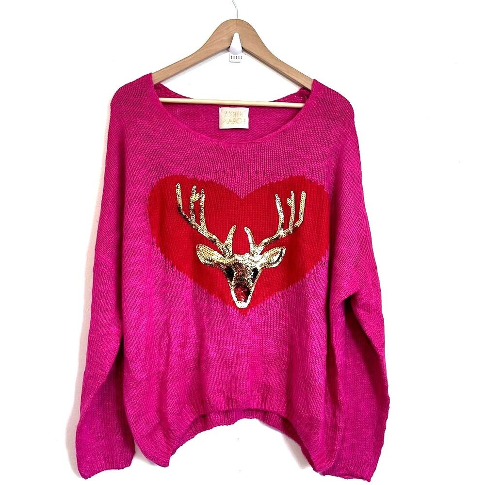 Judith March Women Reindeer‎ Sweater Size S/M Pink Gold Heart Sequin Lightweight
